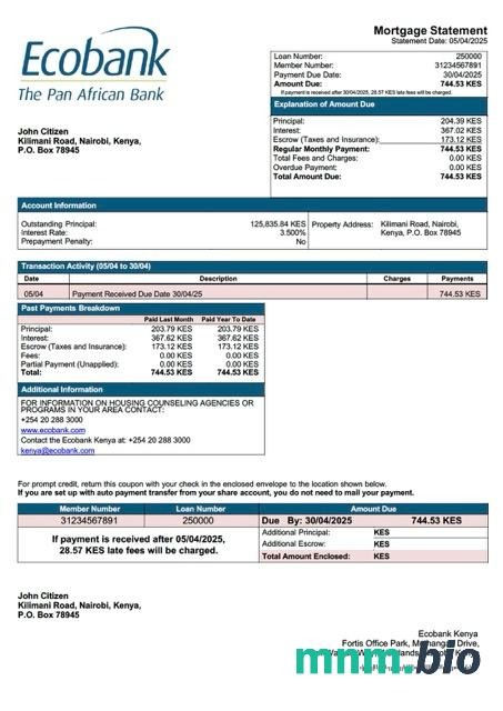 Kenia Bank Ecobank Kenia wyciąg z kredytu hipotecznego szablon Word i PDF